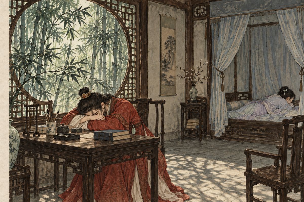 Here Cao Xueqin's eighty chapters end, and the continuation published by Cheng Weiyuan and Gao E begins. Grieving over Yingchun's cruel marriage, Baoyu ran to Xiaoxiang Lodge and sobbed that the poetry-club days were gone: Baochai had moved out, Yingchun was married, and the Garden was changing. Daiyu said nothing and lay down with her face to the wall.