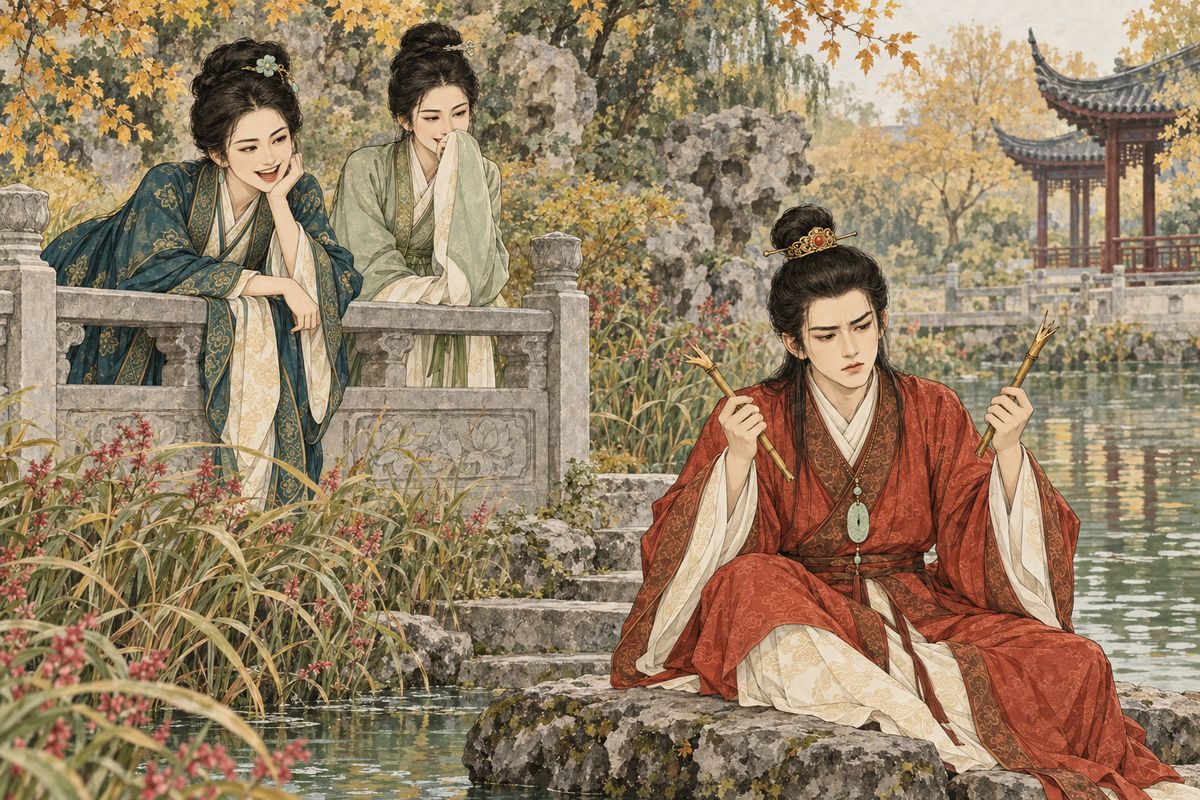 To shake off his gloom, Baoyu joined Tanchun, Li Wen, Li Qi and Xiuyan fishing by the pond, where each catch foretold that year's luck. All the girls landed fish. At his first nibble Baoyu jerked so hard that the rod struck a rock and snapped in two. As everyone laughed, Sheyue ran up: Grandmother Jia wanted him at once.
