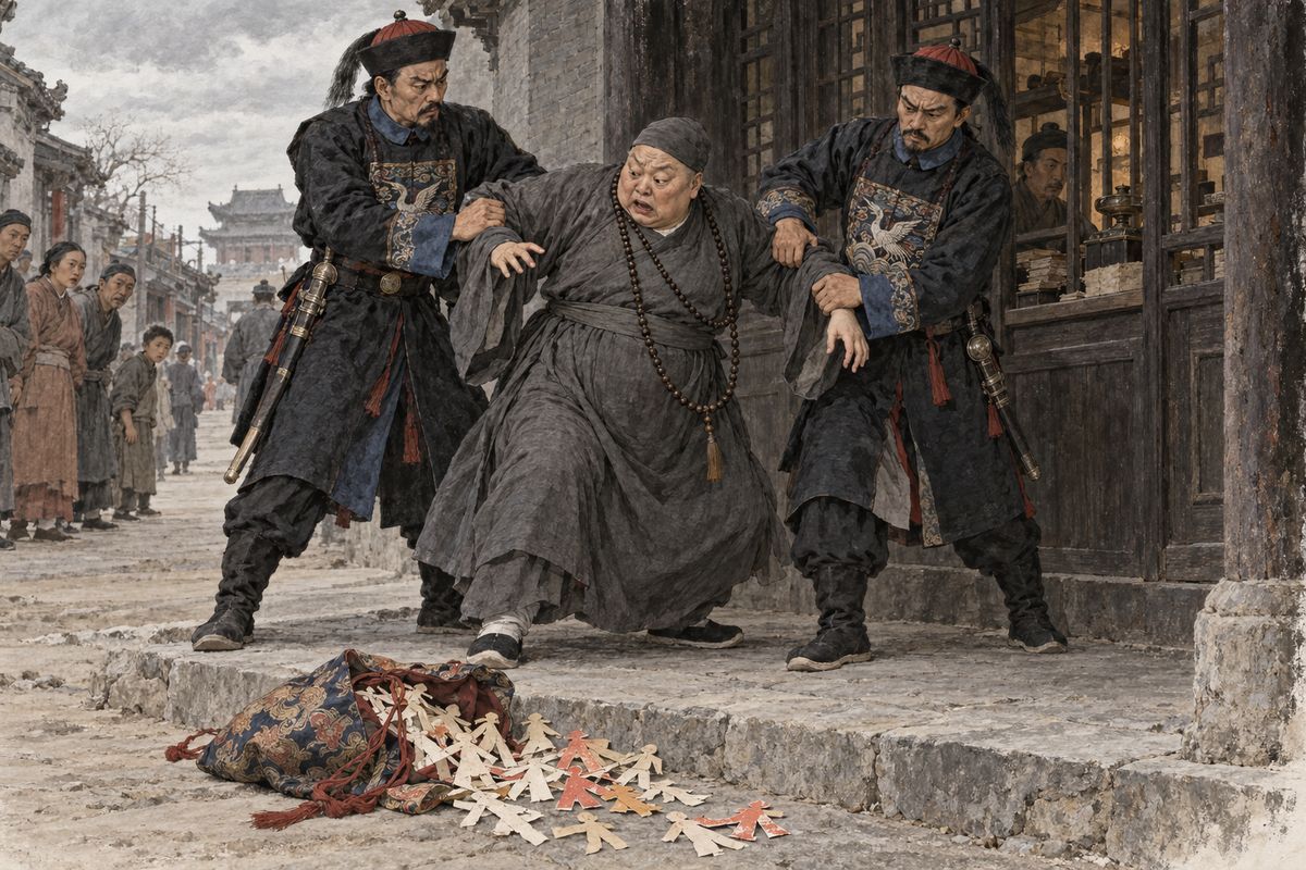 Grandmother Jia had grim news: Nun Ma, Baoyu's own godmother, had been arrested for sorcery. She had dropped a silk bundle of paper figures at a pawnshop, and in her house were straw dolls pierced with needles. So the madness that once struck Baoyu and Xifeng had been her curse. Xifeng remembered how often Nun Ma had called on Concubine Zhao.