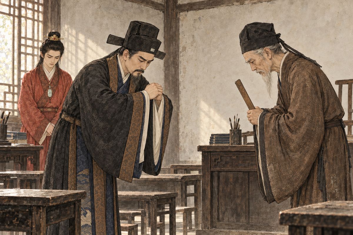 Jia Zheng decided his son had idled long enough: no more poems, only eight-legged exam essays, and one year to show progress. He took Baoyu to the clan school himself and handed him over to old Jia Dairu. Baoyu found only coarse new schoolmates, missed Qin Zhong, and the next day struggled to expound Confucius under his teacher's eye.
