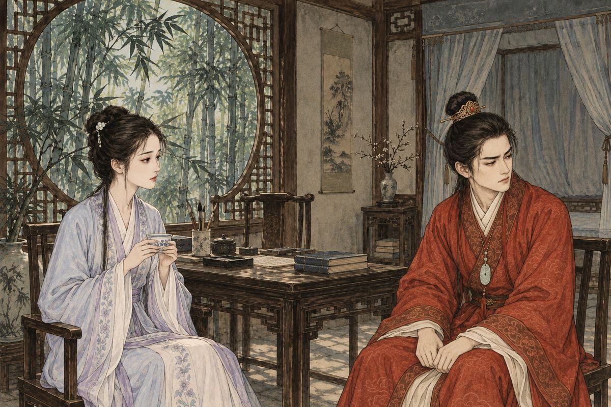 Let out at dusk, Baoyu rushed to Daiyu and mocked the essays as empty padding that claimed to be 'speaking for the sages'. Daiyu gently disagreed: some were clear and graceful, she said, and they were the honourable road to office. Baoyu was stung. She had never talked like a careerist before, and he only snorted.