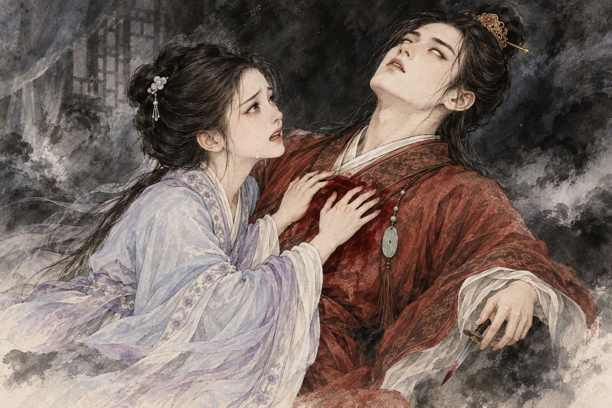 Xiren came to sound out Daiyu's feelings, and a Xue servant woman blurted that she and Baoyu made a perfect pair. That night Daiyu dreamed she was betrothed to a stranger in the south and even Grandmother Jia would not save her. Baoyu cut open his chest: 'I'll show you my heart.' Then he cried that it was gone, and fell.