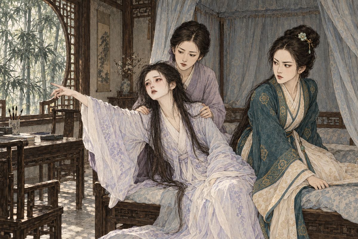She woke soaked in sweat and coughed until dawn. When Zijuan emptied the spittoon she found it streaked with blood, and wept. Later, as Tanchun sat by the bed, an old woman outside yelled at her granddaughter for loitering in the garden. The orphaned Daiyu took every word as meant for her, pointed at the window and fainted.