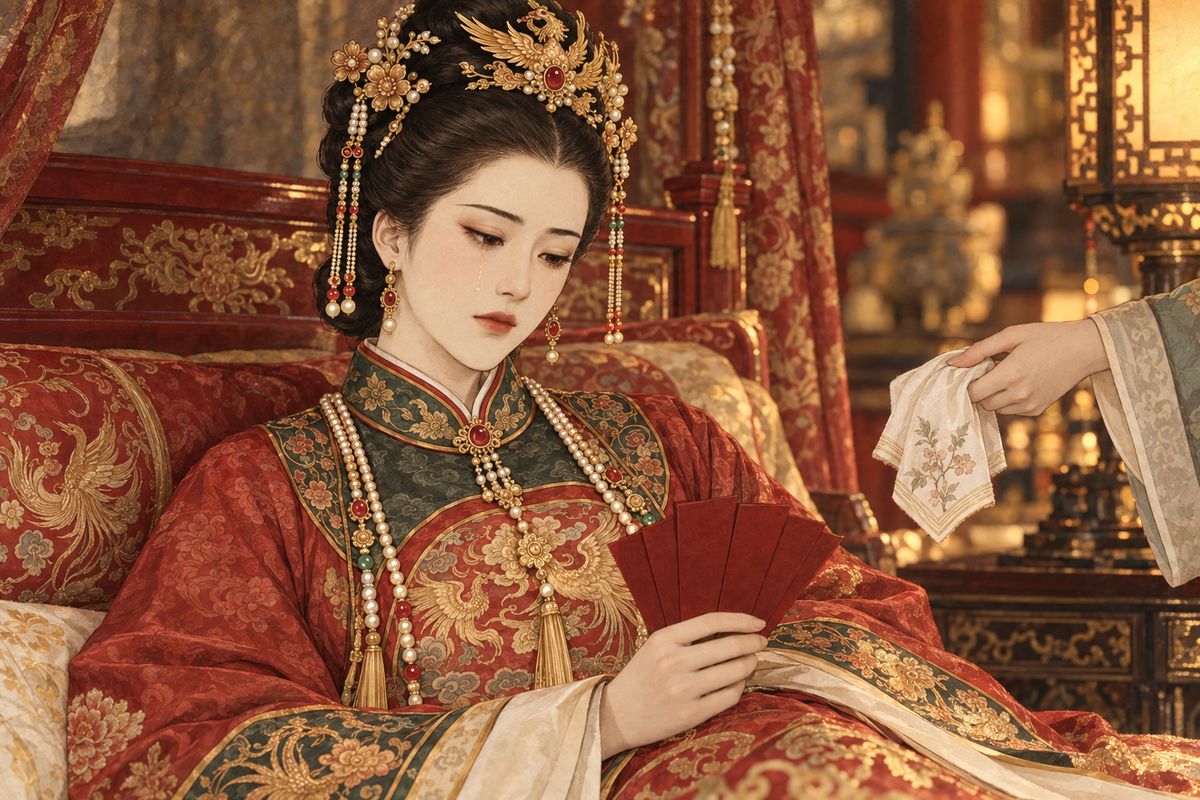 Xifeng quietly sent Daiyu silver, and a servant let slip the street rhyme about the Jias' fabled wealth: 'all comes to nothing in the end.' Then Yuanchun fell ill. The ladies were called to the palace, while the men could only hand in their name cards at the gate. Reading them, the Consort wept that her father and brothers were further off than any humble family's.