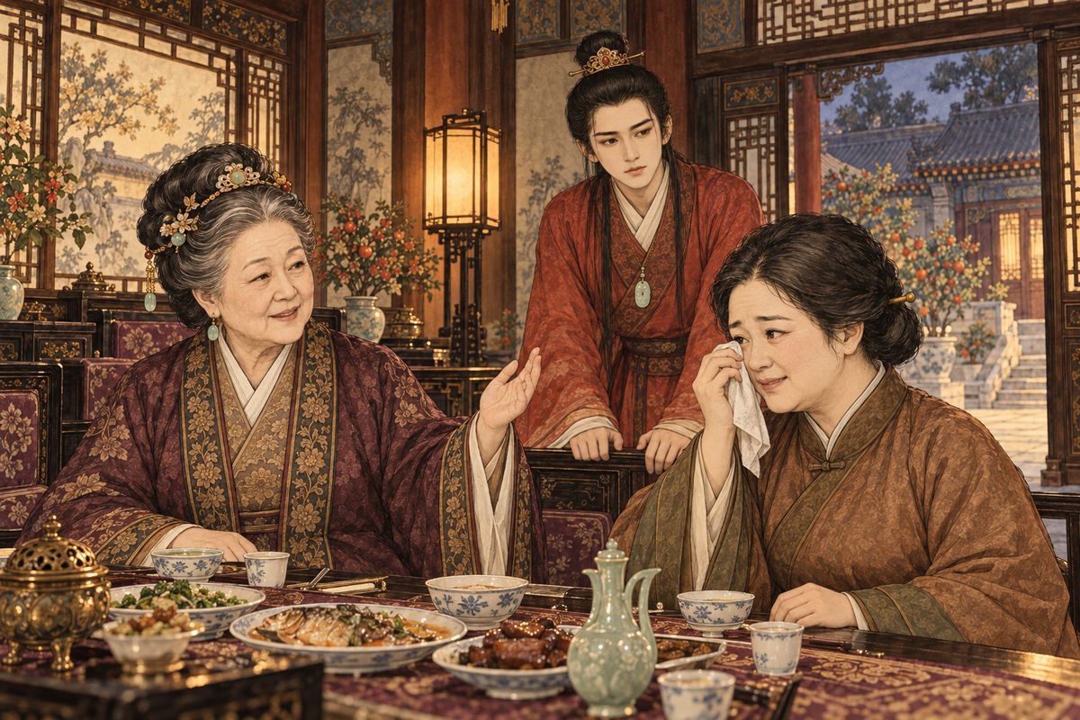 Grandmother Jia told Jia Zheng it was time to find Baoyu a good wife, and Jia Zheng tested Baoyu's school essays and grudgingly passed them. At dinner with Aunt Xue, the old lady praised Baochai's gentle temper: "Truly one in a hundred." Baoyu, who had been about to leave, sat down again and listened.