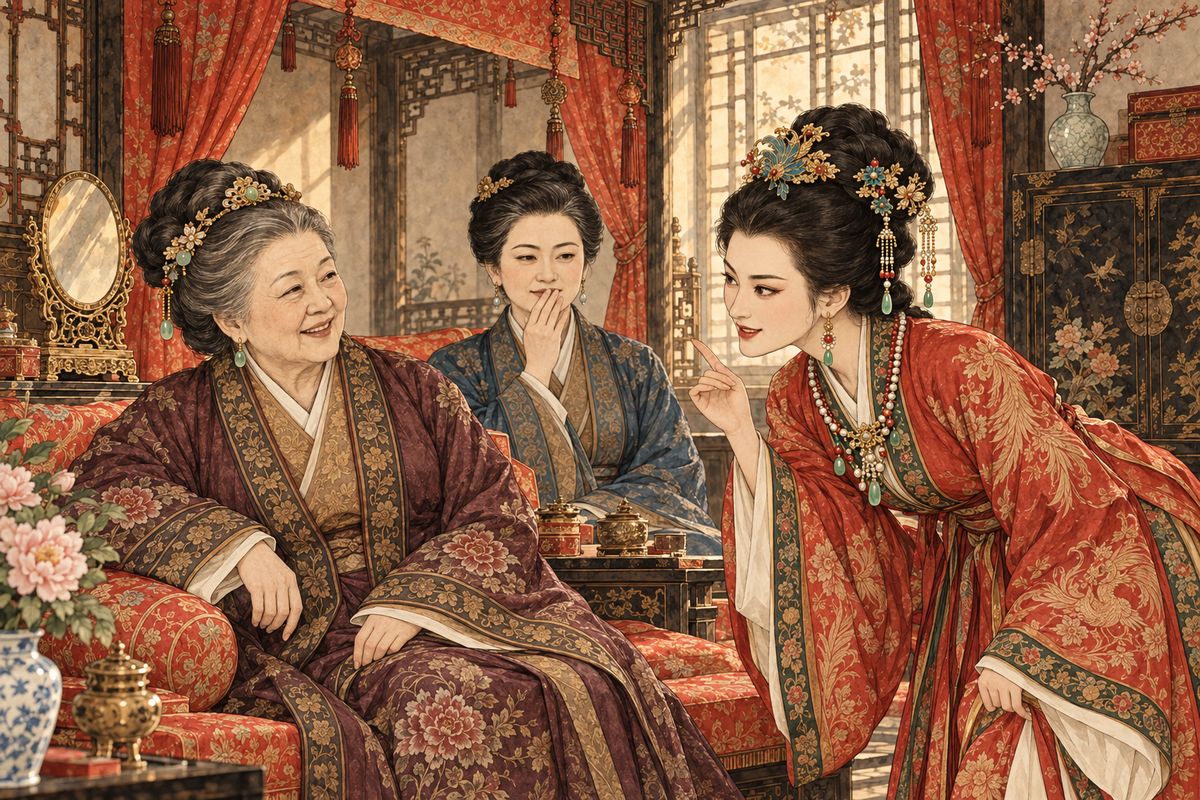 The next day the elders turned down a proposed match with a Miss Zhang, whose father wanted a son-in-law to marry into his house. In Xifeng's rooms, where little Qiaojie lay feverish, Xifeng said that a match made in heaven was right under their noses: "One 'Precious Jade', one 'golden lock'." Grandmother Jia and the ladies all laughed in agreement.