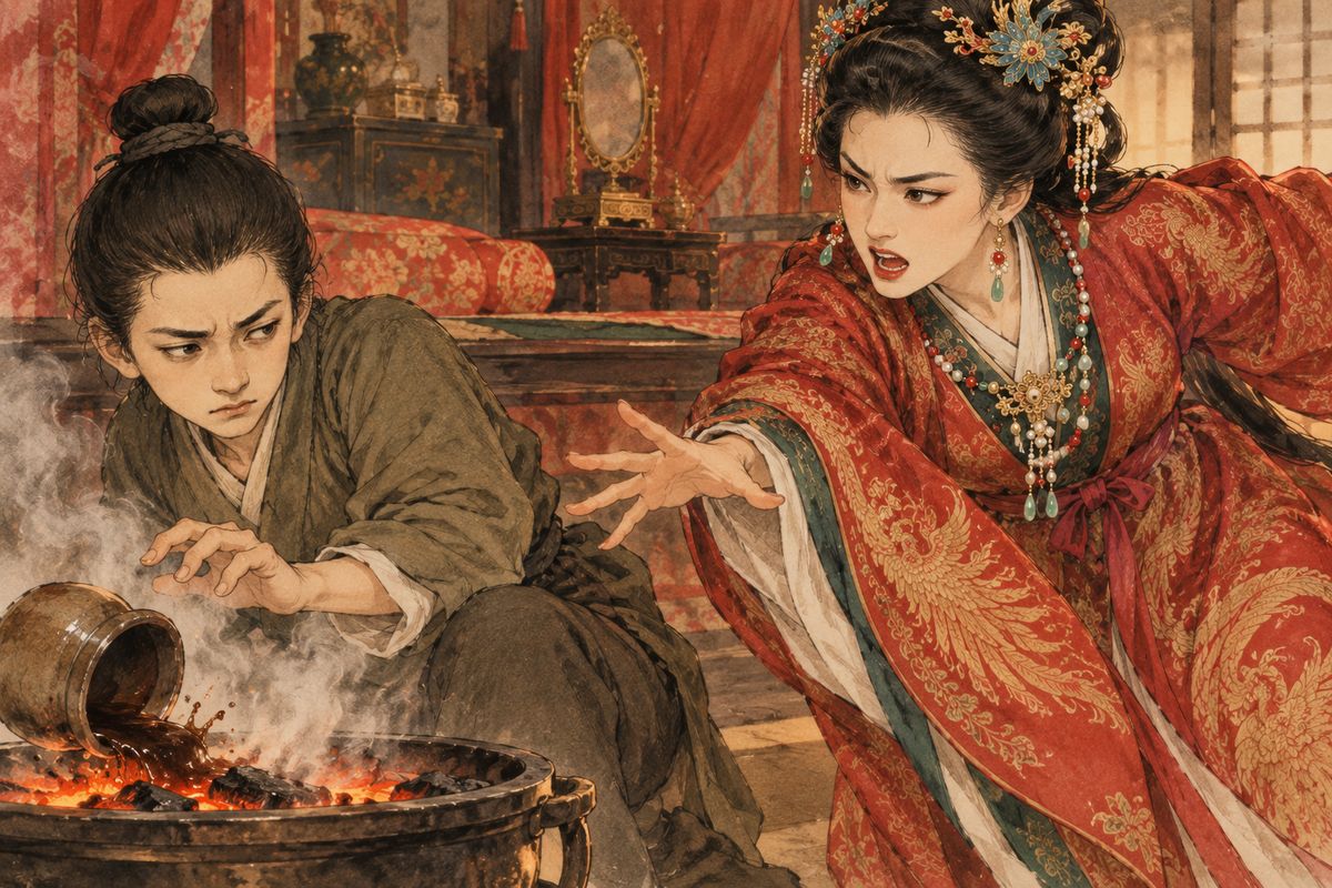 The doctor ordered rare real ox-bezoar for Qiaojie. As it simmered, Jia Huan came in, asked to see it, and upset the pot into the fire. Xifeng cursed him and his mother as her old enemies. Scolded at home by Concubine Zhao, Huan shouted that next time he would have the child's life, and the grudge between the two sides grew deeper.
