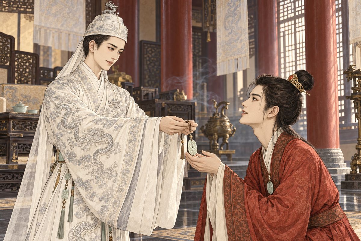 On the Prince of Beijing's birthday, the prince kept Baoyu back to talk, praised Jia Zheng's integrity, and gave him with his own hands a copy of his famous jade. Soon after, Jia Zheng was promoted to a senior secretaryship in the Board of Works, and well-wishers crowded the gates.