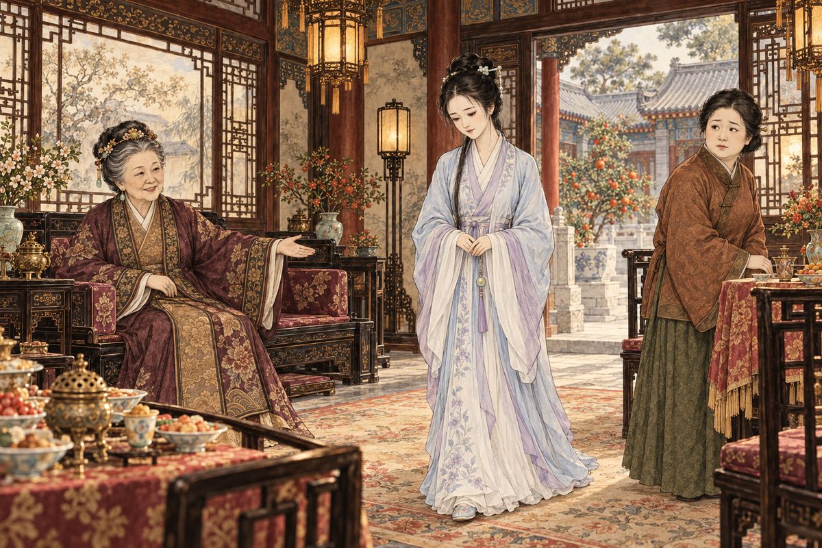 The celebration fell on Daiyu's birthday. She came out in fresh clothes like the moon goddess come down to earth, shy and smiling, and Grandmother Jia gave her the place of honour. On stage an actress played Chang'e rising to the moon palace. Then a Xue servant burst in, and Aunt Xue hurried home white-faced.