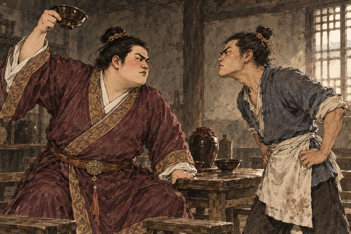 Xue Pan had been drinking in a tavern when the waiter Zhang San brought the wine too slowly. In a rage he struck him on the head with a bowl, and the man died. With thousands of taels passed through Jia Lian, the magistrate rewrote the injuries and ruled the killing an accident, while Zhang San's mother wept in vain.