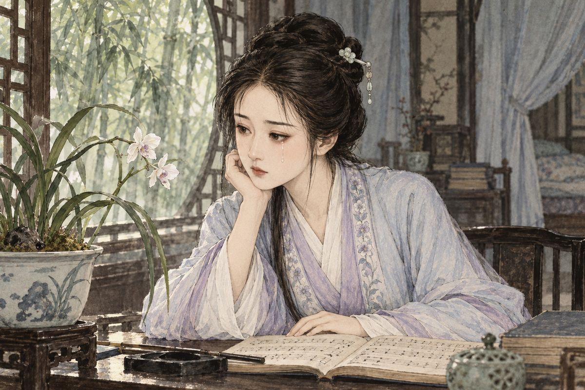 After a false alarm over Consort Zhou's death and Grandmother Jia's dream of Yuanchun warning that 'glory soon fades', Baoyu found Daiyu reading a qin score. She taught him the notation and spoke of finding a kindred spirit. Then twin-flowered orchids arrived, and alone she wept to think her own spring might fade too soon.