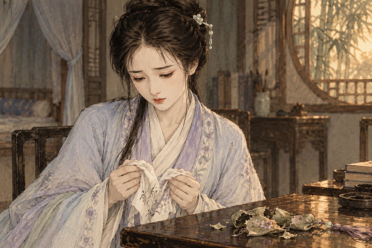 Talk of the south stayed with Daiyu after her cousins left. Orphaned and living under another family's roof, she wept at sunset. When Xueyan brought her furs, a bundle fell open: the old handkerchiefs Baoyu had sent, her poems on them still stained with tears, wrapped round the sachet she had once cut to pieces.
