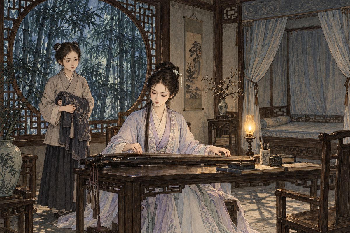 She reread Baochai's letter of sad verses and sighed that their fortunes differed but their grief was the same. She wrote four stanzas in reply and set them to old qin melodies. Then she had Xueyan bring out the short qin she had carried from the south, and she tuned it and practised deep into the night.