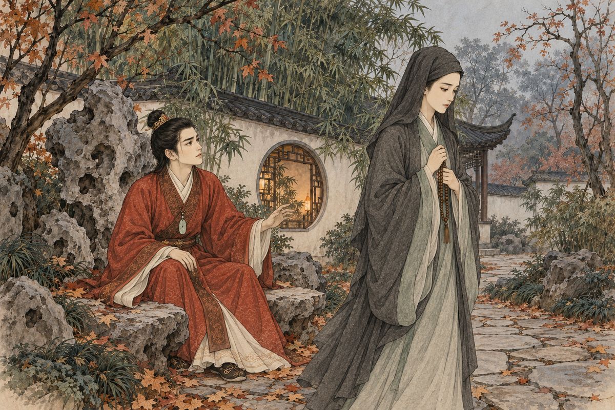 The next day Miaoyu left a game of weiqi with Xichun, and Baoyu walked her home past Xiaoxiang Lodge. There they heard Daiyu singing to the qin. Each stanza grew sadder, and Miaoyu warned that the music had climbed too high to last. Then the lord string snapped. "You will know in time," she said, and hurried away.