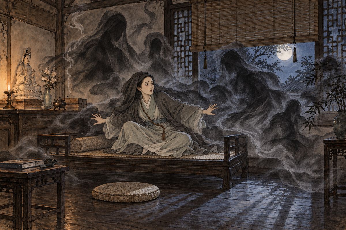 That night Miaoyu sat down to meditate, but cats yowling on the roof brought Baoyu's words back to her and her mind broke loose. She saw young lords asking to marry her, matchmakers dragging her to a carriage, and bandits with knives. Her nuns found her foaming at the mouth and crying for help. A doctor said her meditation had led her astray.