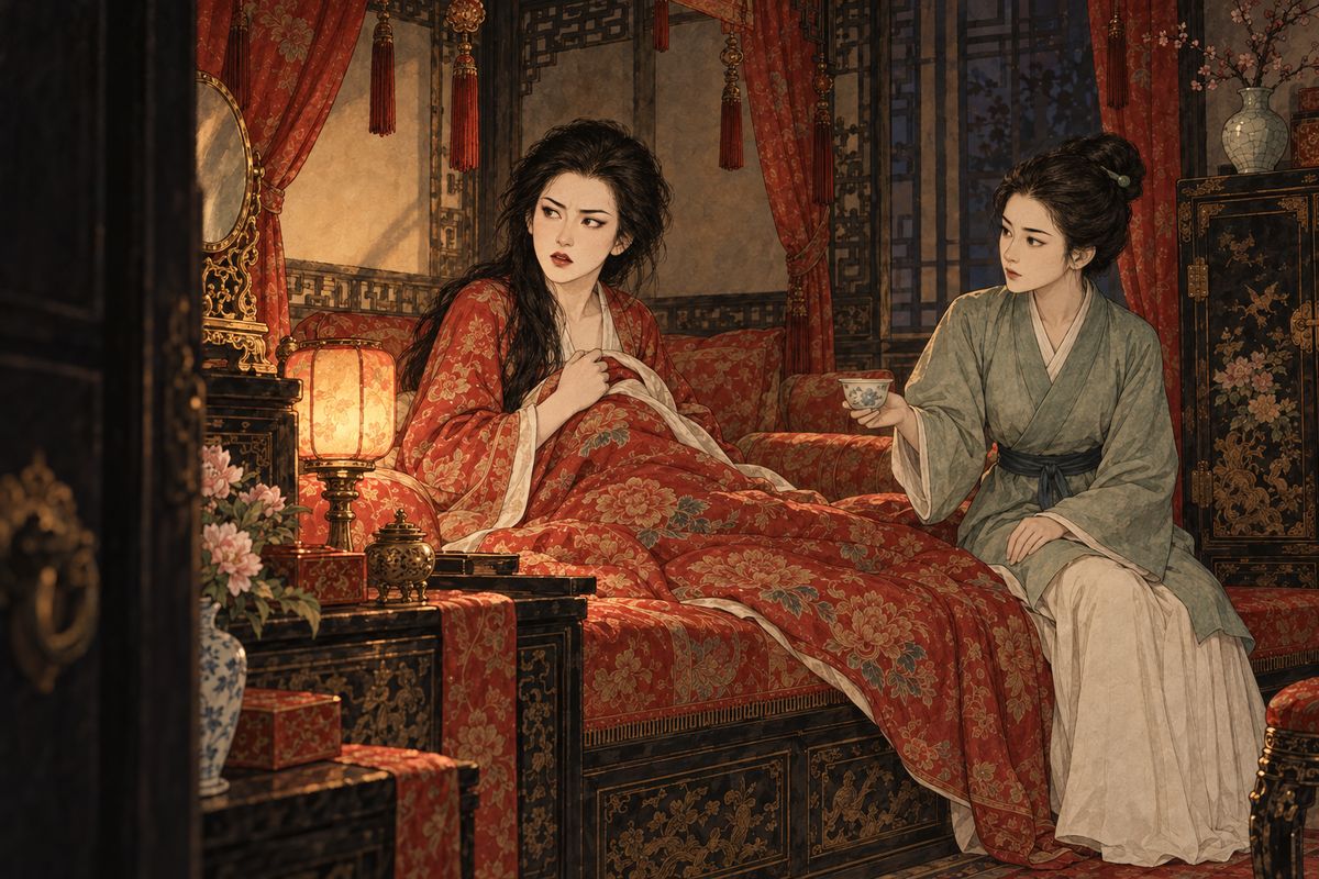 Elsewhere the household frayed. Jia Zhen had brawling servants whipped and thrown out. Xifeng sent Jia Yun away with his gifts. The prioress of Water Moon Convent was attacked by ghosts in the night. That night noises in empty rooms kept Xifeng awake. At dawn Lady Wang sent word of urgent official business: Jia Lian must come at once.
