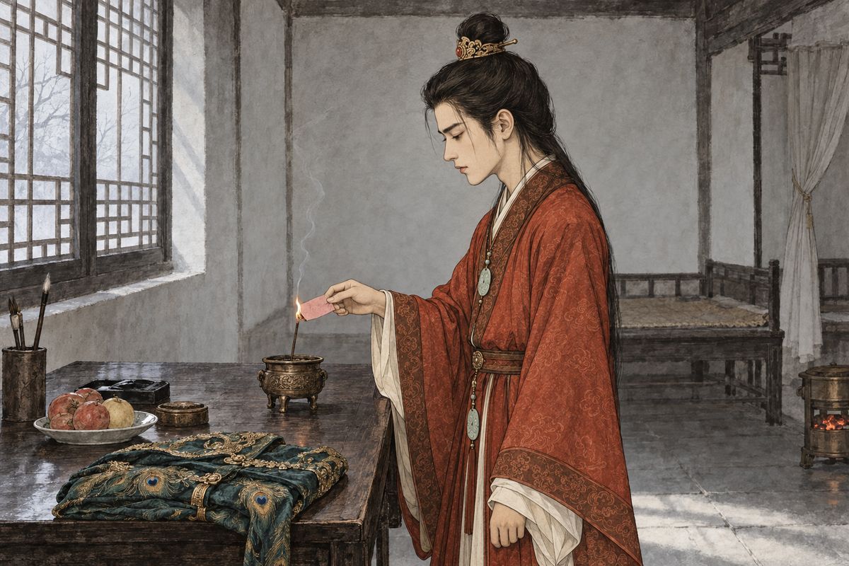 One cold day in the tenth month, Beiming brought a coat to the school, and it was the peacock cloak Qingwen had mended as she lay dying. Baoyu went home dazed and folded it away himself. The next morning he shut himself in her empty room, wrote a poem to her on rose-coloured paper, and burned it in the incense flame.