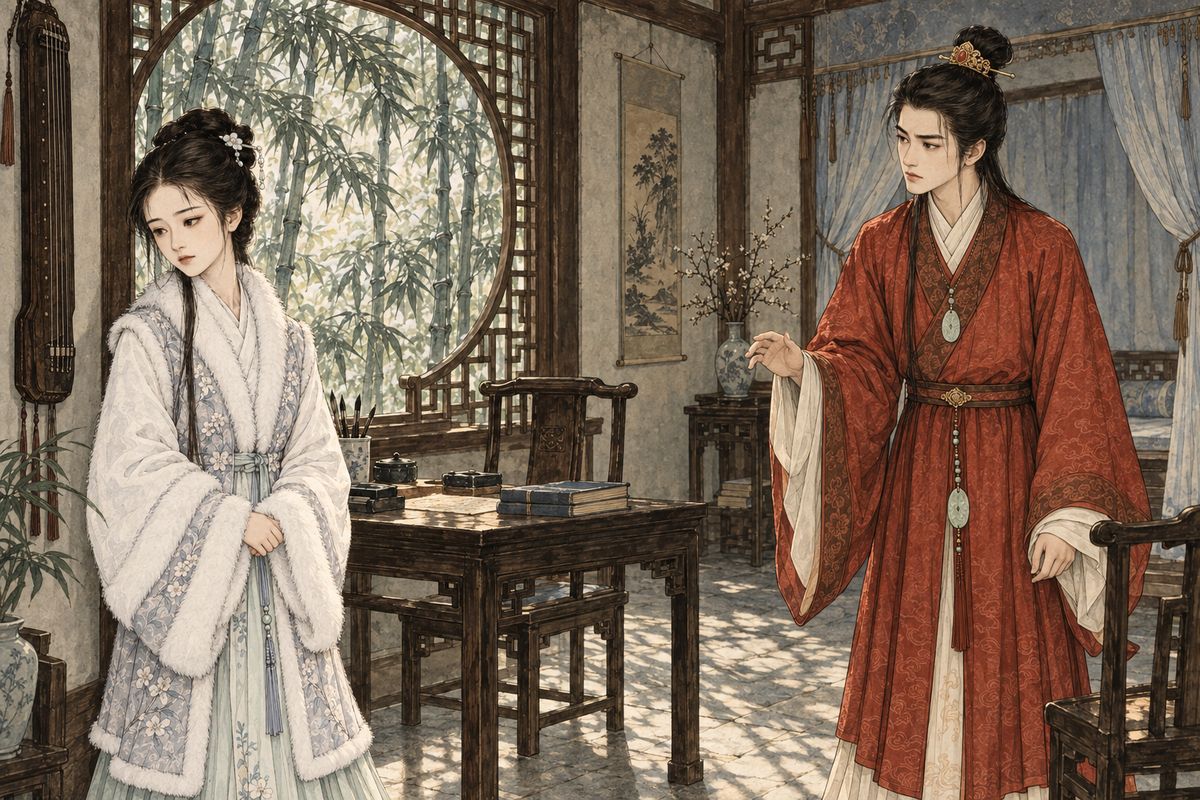 Then he went to Xiaoxiang Lodge, where Daiyu was copying sutras. He confessed he had once stood outside and listened to her singing to her qin, but had not understood it. "How many true listeners have there ever been?" she said. Both felt the remark had been too cold, and Baoyu soon left, with much still unsaid.