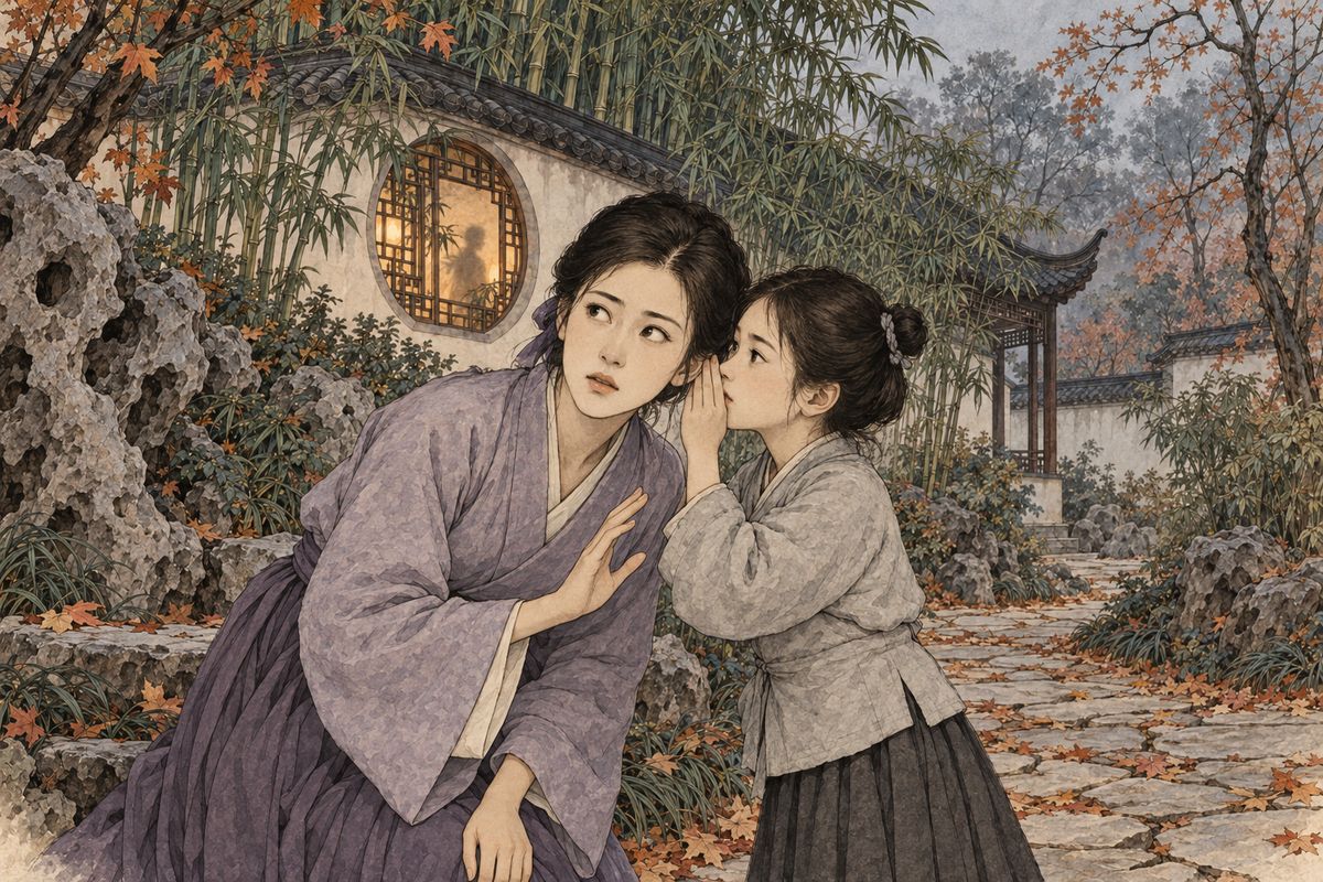 Outside, under the terrace, little Xueyan pulled Zijuan aside and whispered news she had heard from Tanchun's maid Shishu: Baoyu was already engaged, to the daughter of a prefect, and the family was keeping it quiet. Inside, Daiyu had risen from her bed. She heard most of it, and felt as if she had been thrown into the sea.