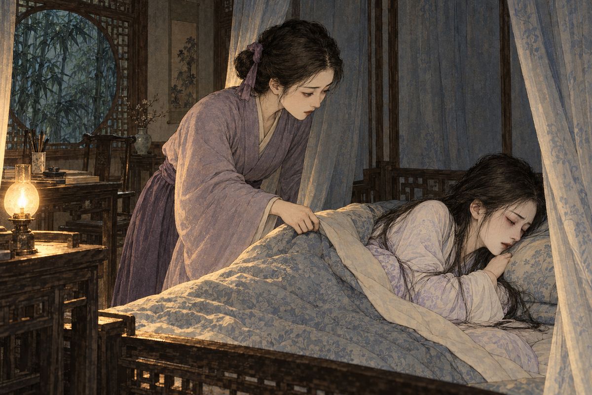 Daiyu decided quietly to let herself waste away rather than live to see the wedding. She ate no supper and lay with her eyes shut. That night Zijuan found the quilt kicked down to her feet and tucked it back gently; as soon as the maid had gone, Daiyu pushed it off again.