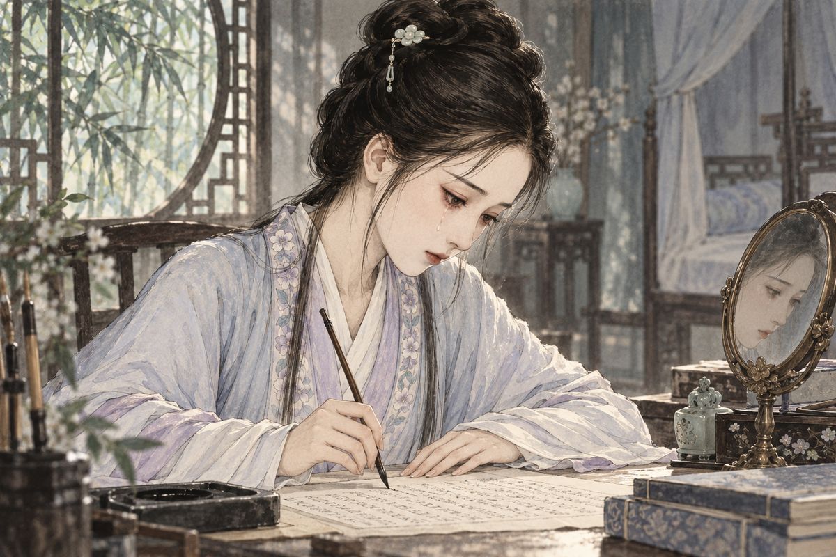 At dawn she sat before her mirror until her handkerchief was soaked with tears. Then she asked for incense and went back to copying sutras. "When you see my handwriting after I'm gone, it will be like seeing me." Day by day she ate less, and after half a month she refused even congee and medicine.