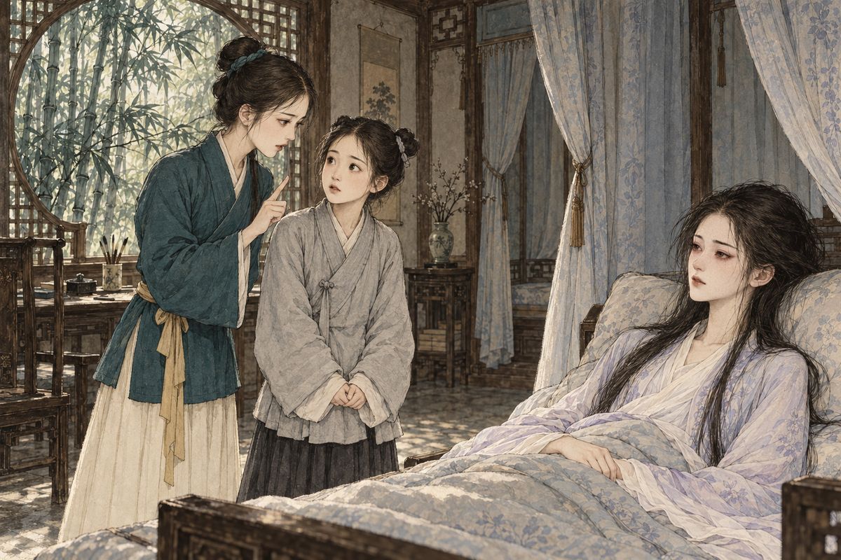 On the day she stopped eating altogether, Zijuan ran to fetch the old lady. Thinking Daiyu was past hearing, Xueyan asked the visiting Shishu about the match. Shishu corrected her: nothing was settled, and Grandmother Jia wanted a match within the family, a girl in the Garden. Daiyu, listening, felt the cloud lift. She asked for water and began to revive.