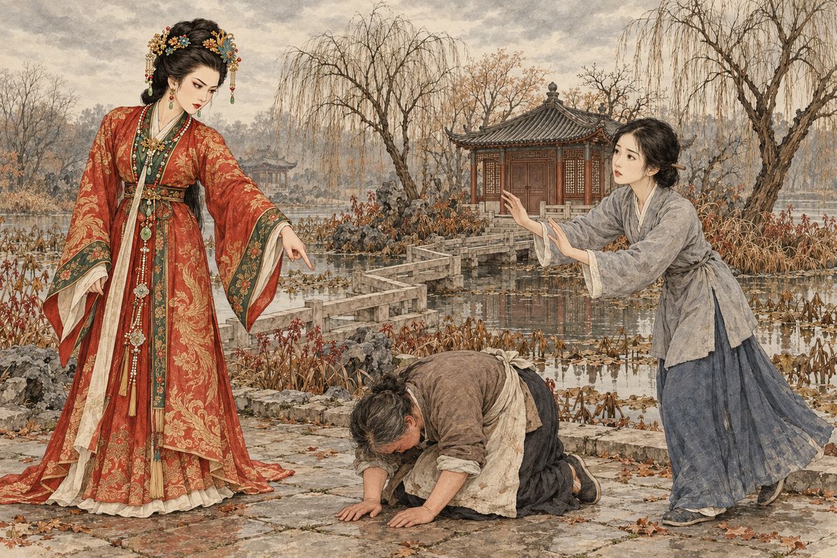 Watching over the Garden again, Xifeng caught an orchard woman shouting at Xing Xiuyan's maid over an old red jacket gone missing. She would have thrown the woman out, but Xiuyan begged her off, and Xifeng later sent the poorly clad girl warm clothes. The Xue family was touched. That night, Jingui's maid Baochan brought Xue Ke fruit and wine, with a knowing smile.