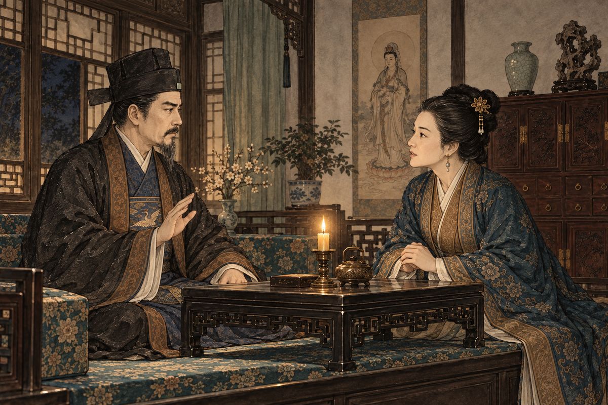 Aunt Xue came to beg help with the lawsuit, and Lady Wang took the chance to press Jia Zheng: Baochai was already one of theirs and should be brought home soon. He agreed. They would exchange the betrothal gifts this winter and set the wedding for spring, after Grandmother Jia's birthday. Everyone else was sworn to silence, Baoyu most of all.