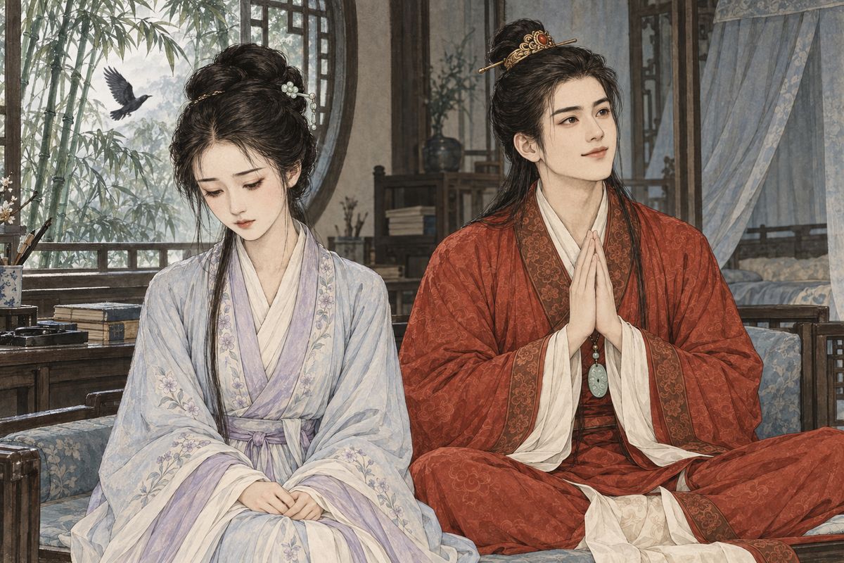 Baoyu found Aunt Xue cool toward him and fretted over it at Xiaoxiang Lodge. Daiyu tested him with Zen riddles: what if Baochai were kind to him, or unkind? He sat cross-legged, palms together, and at last laughed: 'Of all the three thousand waters, I will drink but a single gourdful.' A crow cawed outside and flew off southeast.