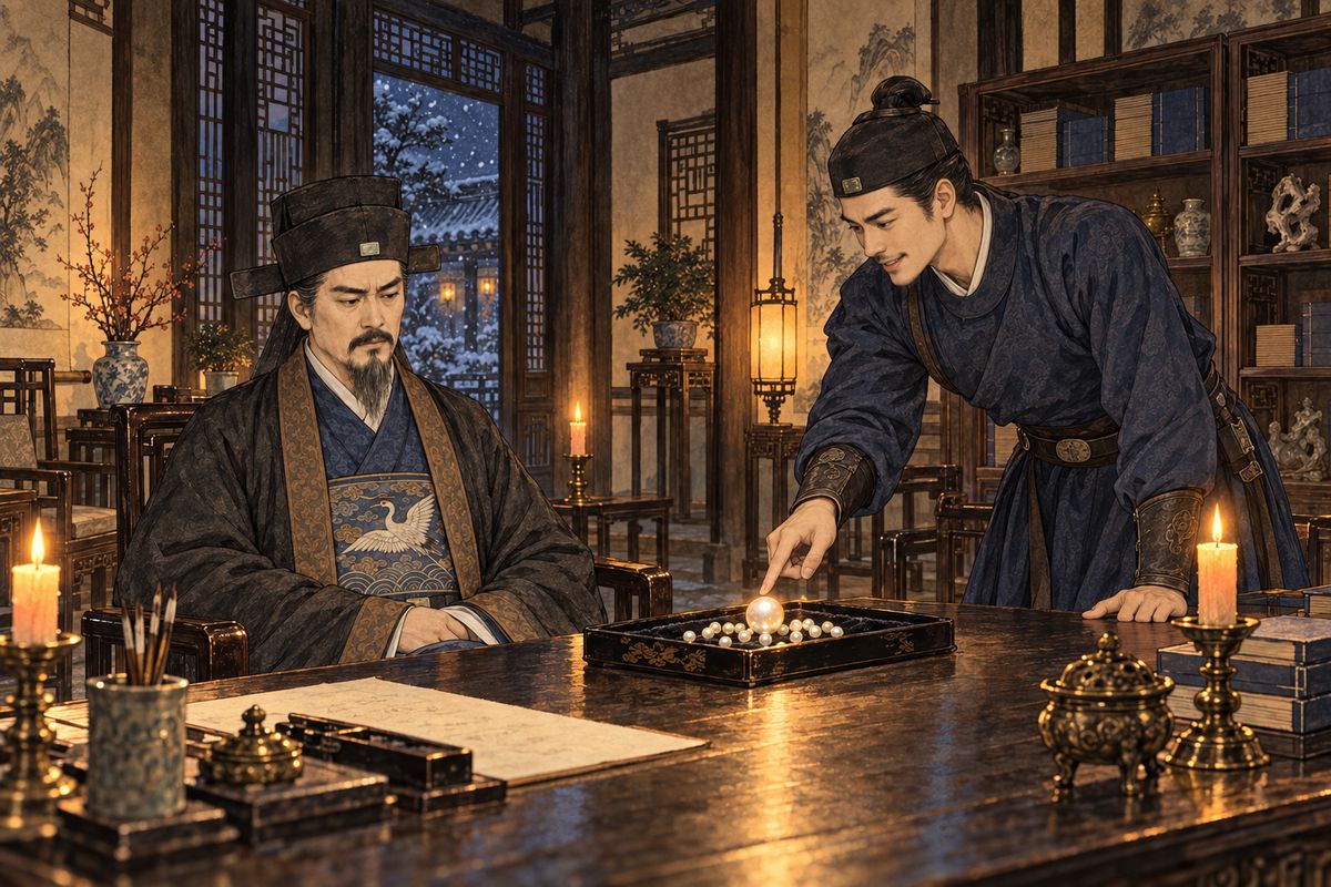 Feng Ziying brought treasures to sell for twenty thousand taels. On a black tray a longan-sized 'mother pearl' drew every small pearl to itself; a mermaid-silk net unfolded past the table's edge. Xifeng said they should buy land for hard times instead. Over wine, Jia Zheng thought of the Zhen family, just as grand, whose estates had been confiscated.