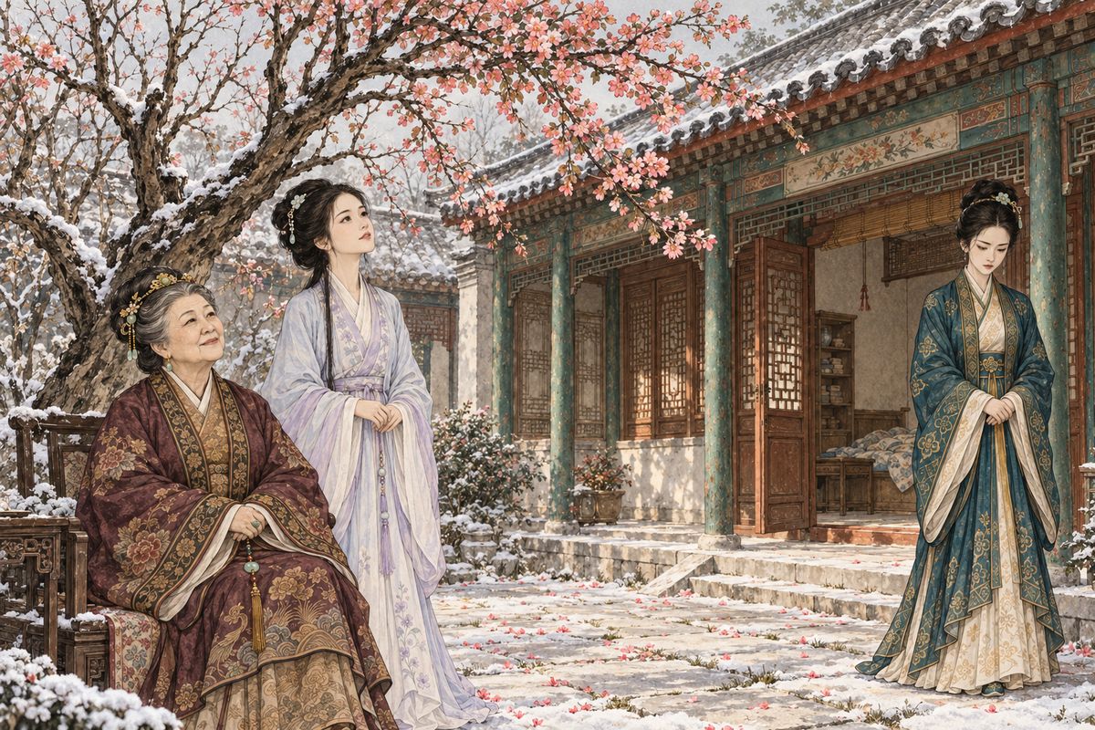 In the eleventh month, a crabapple at Happy Red Court that had been withered for a year suddenly burst into bloom. Grandmother Jia called it a happy omen and ordered a feast and poems to celebrate. Tanchun said nothing. Privately she was afraid: plants that flower out of season, she thought, are portents of disaster.