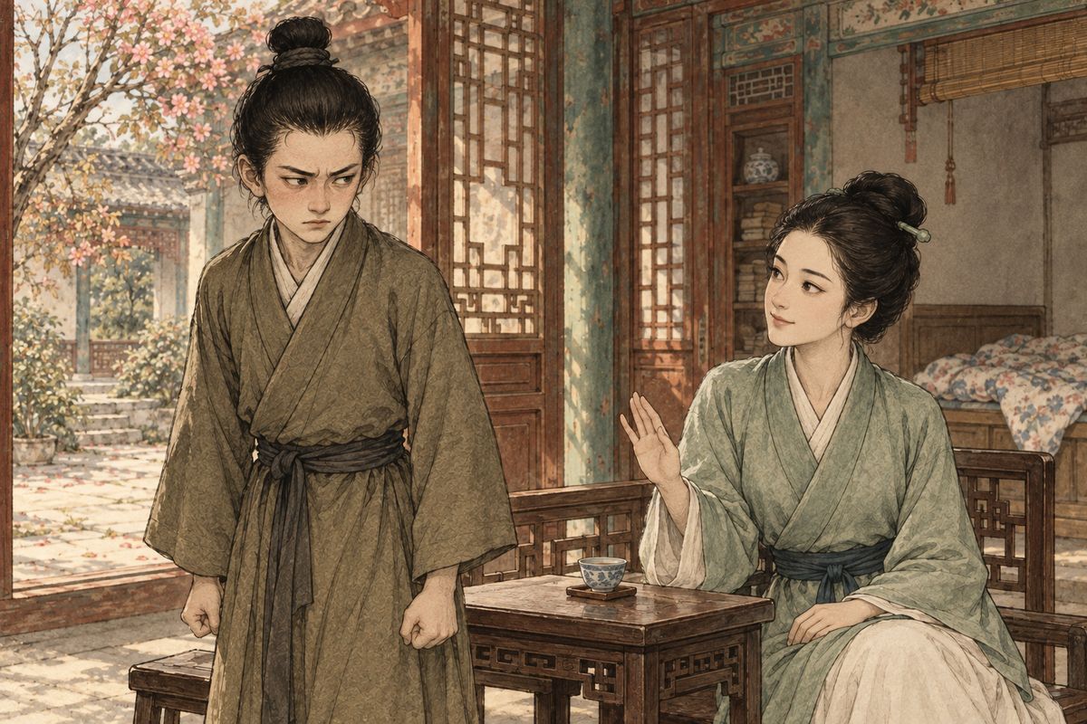Tanchun had the garden gates shut and every place searched, even the maids' clothing. Suspicion fell on Jia Huan, who had been running about the rooms the day before. When Ping'er gently questioned him, he flushed purple: "Am I a convicted thief?" Then Aunt Zhao made a scene, and Lady Wang gave Xiren three days to find the jade quietly.