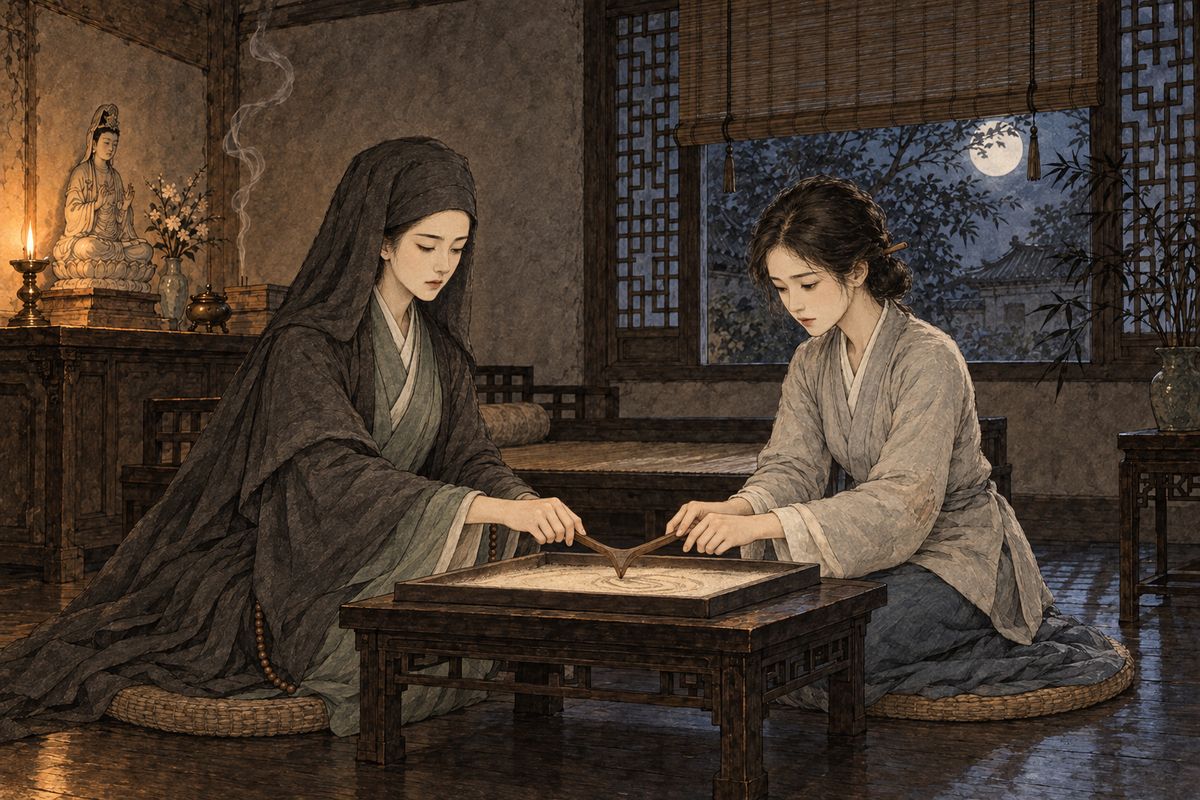 A fortune-teller split the character 'shang' and sent everyone to search the pawnshops. Meanwhile Xing Xiuyan begged Miaoyu, who reluctantly brought out her sand tray. The spirit-pen wrote a cryptic verse. They read it this way: the jade could not be found by searching, but it was not lost, and would turn up once people stopped looking. Only, where was Qinggeng Peak?