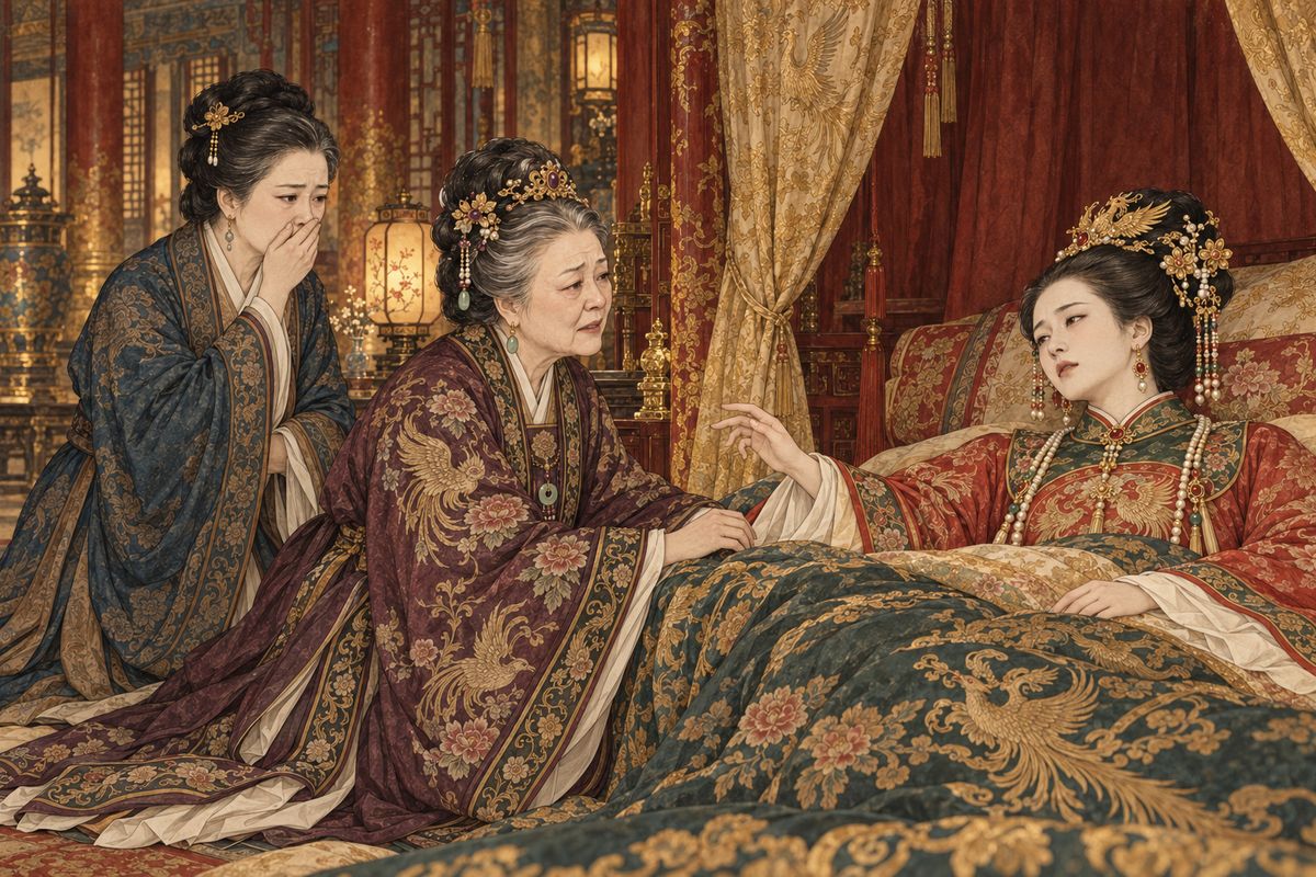 Days passed with no sign of the jade. Then news came that the Imperial Consort was gravely ill. Grandmother Jia and Lady Wang hurried to the palace and found Yuanchun choking, unable to speak, grieving but with few tears. Palace rules sent them outside to wait, and soon a eunuch announced her death. The book gives her age as forty-three.