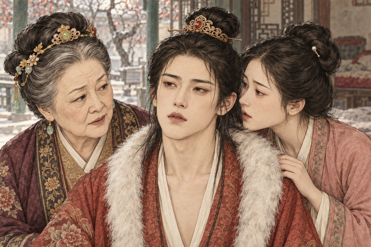 Through the mourning Baoyu grew duller day by day, eating and sleeping without noticing. When Grandmother Jia came to see him, he only grinned and repeated whatever Xiren prompted. Learning the jade was lost, she wept, had Jia Lian post a reward of ten thousand taels, and moved Baoyu into her own rooms.