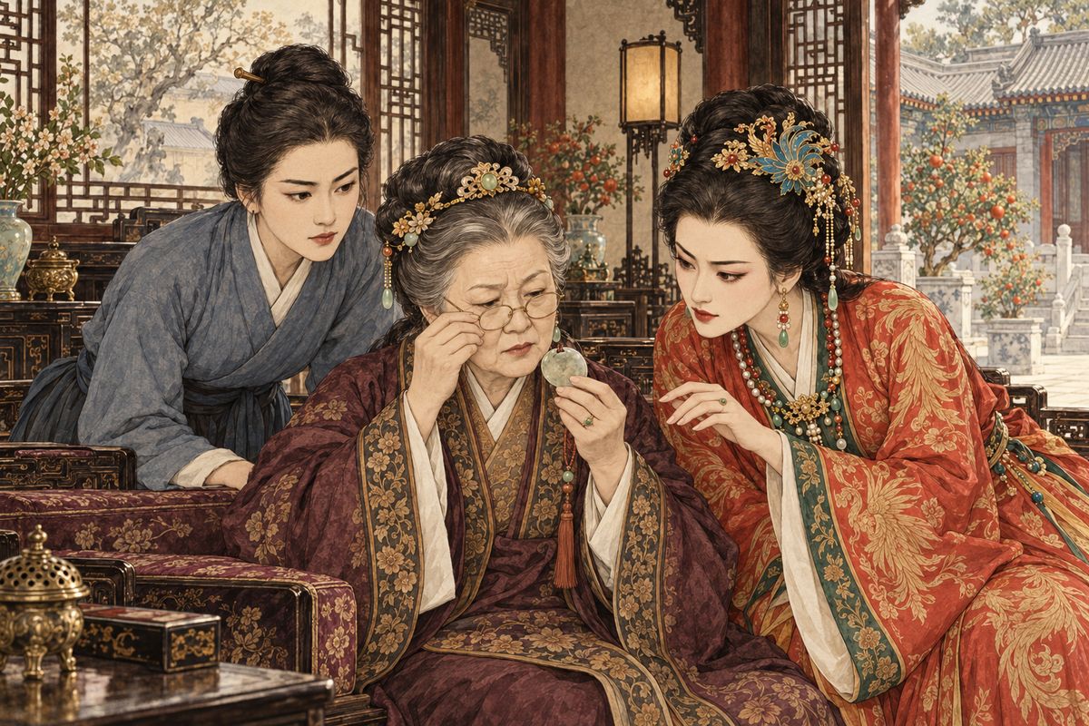 Jia Zheng fumed at the public notice, but it was too late to take it down. Soon a stranger came to the gate with a jade, demanding the reward cash in hand. The whole household crowded round. Peering through Yuanyang's spectacles, Grandmother Jia found it right in shape but strangely dull, its old lustre gone.