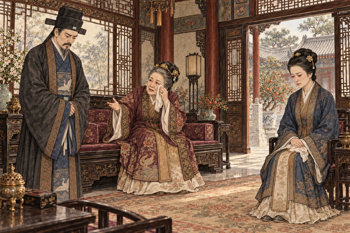 Jia Lian threw out a forger who had tried to pass off a fake jade. Then word came that Lady Wang's brother Wang Ziteng had died on his way to the capital, and Jia Zheng was posted to Jiangxi. In tears, Grandmother Jia called in her son. A fortune-teller had said only a bride with a 'metal' fate could save Baoyu.