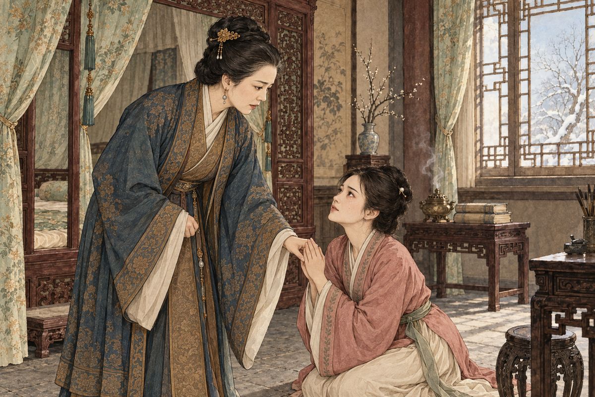 Baoyu was too dazed to follow the plan to marry him to Baochai, whose golden locket matched his jade. Xiren heard every word. She was glad at first, then frightened. She drew Lady Wang into a back room, knelt and wept. His heart belonged to Miss Lin, she said, and news like this might not cure him but kill him.