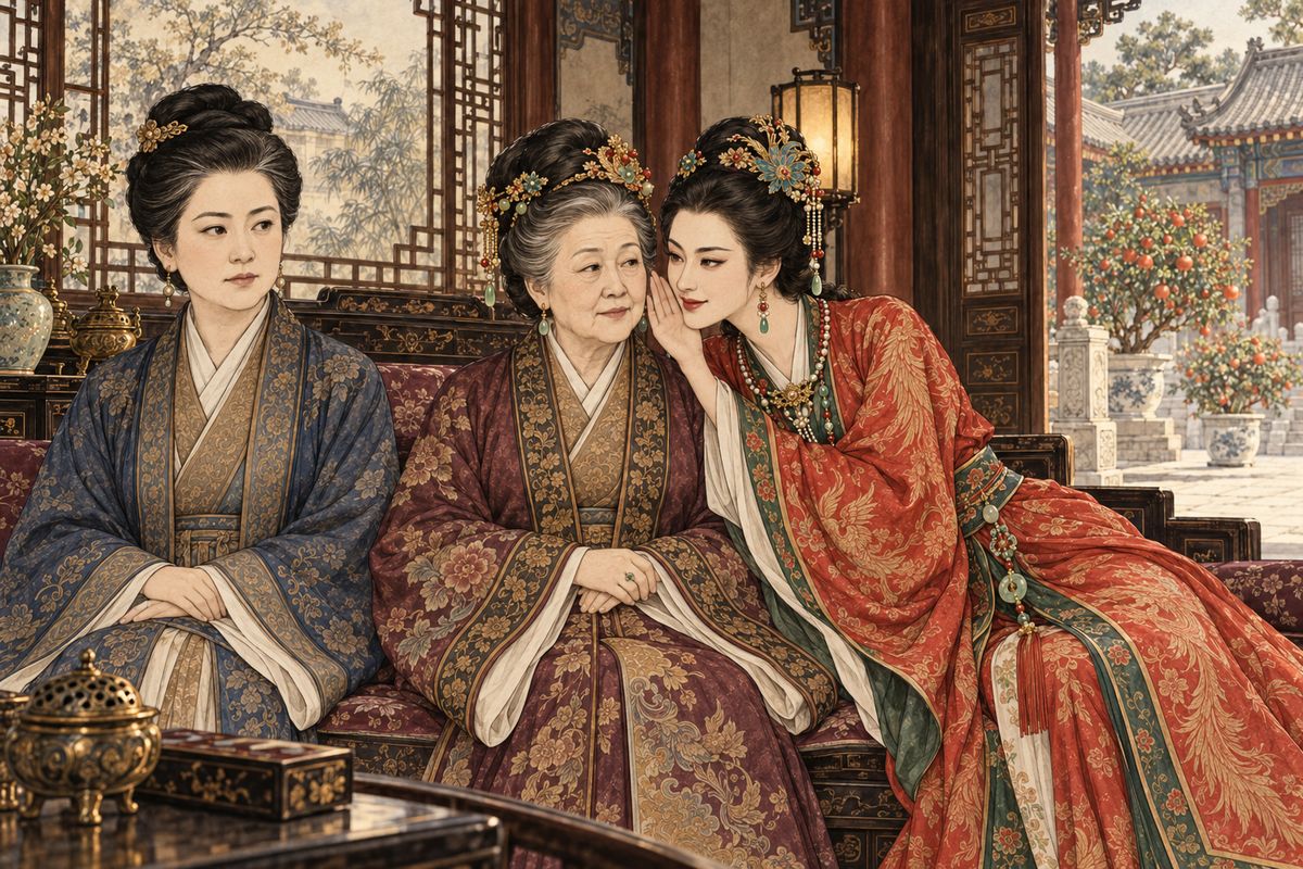 Grandmother Jia said nothing for a long while. Xifeng had a plan. Tell Baoyu he would marry his cousin Lin, then bring Baochai to him under the bridal veil. She whispered the details into the old lady's ear. "There's only one way: switch the brides." Grandmother Jia agreed, though she feared it was hard on Baochai.