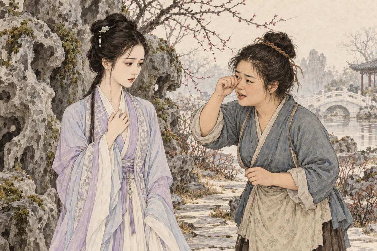 One morning Daiyu sent Zijuan back for a handkerchief and walked on alone. Behind the rocks where she and Baoyu had once buried flowers, she found Silly Sister crying. The girl had been slapped for chattering that Baoyu was to marry Miss Bao, and Miss Lin would be married off after. To Daiyu, the words struck like thunder.