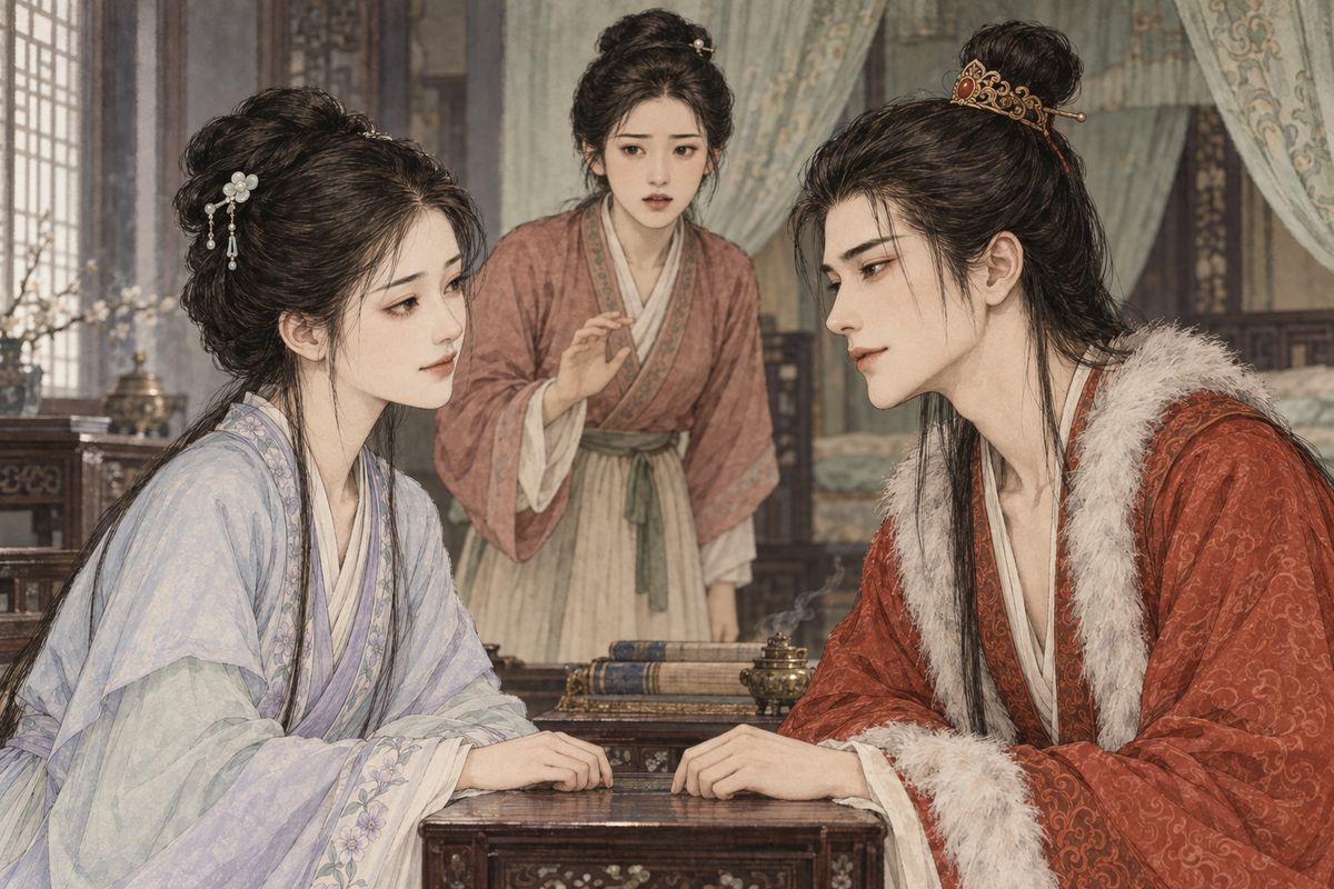 Her legs gave way, yet she drifted, dazed, to Grandmother Jia's rooms, murmuring that she would ask Baoyu. She sat down facing him. The two only grinned at each other without a word, while Xiren and Zijuan looked on in fear. "Baoyu, why are you ill?" she asked. "I'm ill because of Miss Lin," he said, smiling.