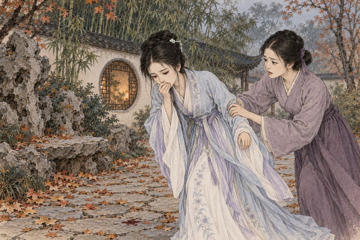 She rose, still smiling, and said it was time to go home. She walked faster than she ever had, the maids hurrying behind her. Near her gate Zijuan sighed, "Amitabha, home at last!" Before the words were out, Daiyu pitched forward and brought up a mouthful of blood.
