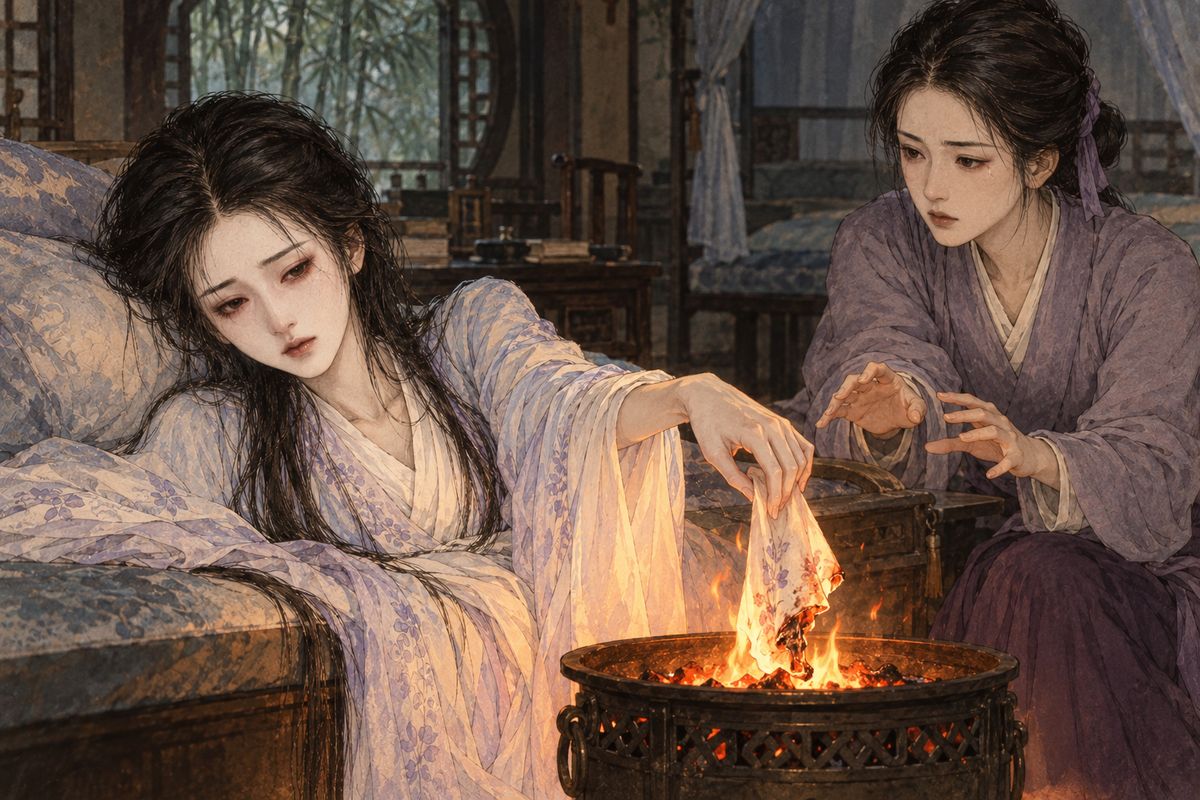 The betrothal gifts went quietly through a side gate, and no one came to Xiaoxiang Lodge. Propped on pillows, Daiyu asked for the old handkerchief with her poems on it. Her hands were too weak to tear it, so she dropped it into the brazier, then her poems after it. Xueyan pulled them out, but little was left.