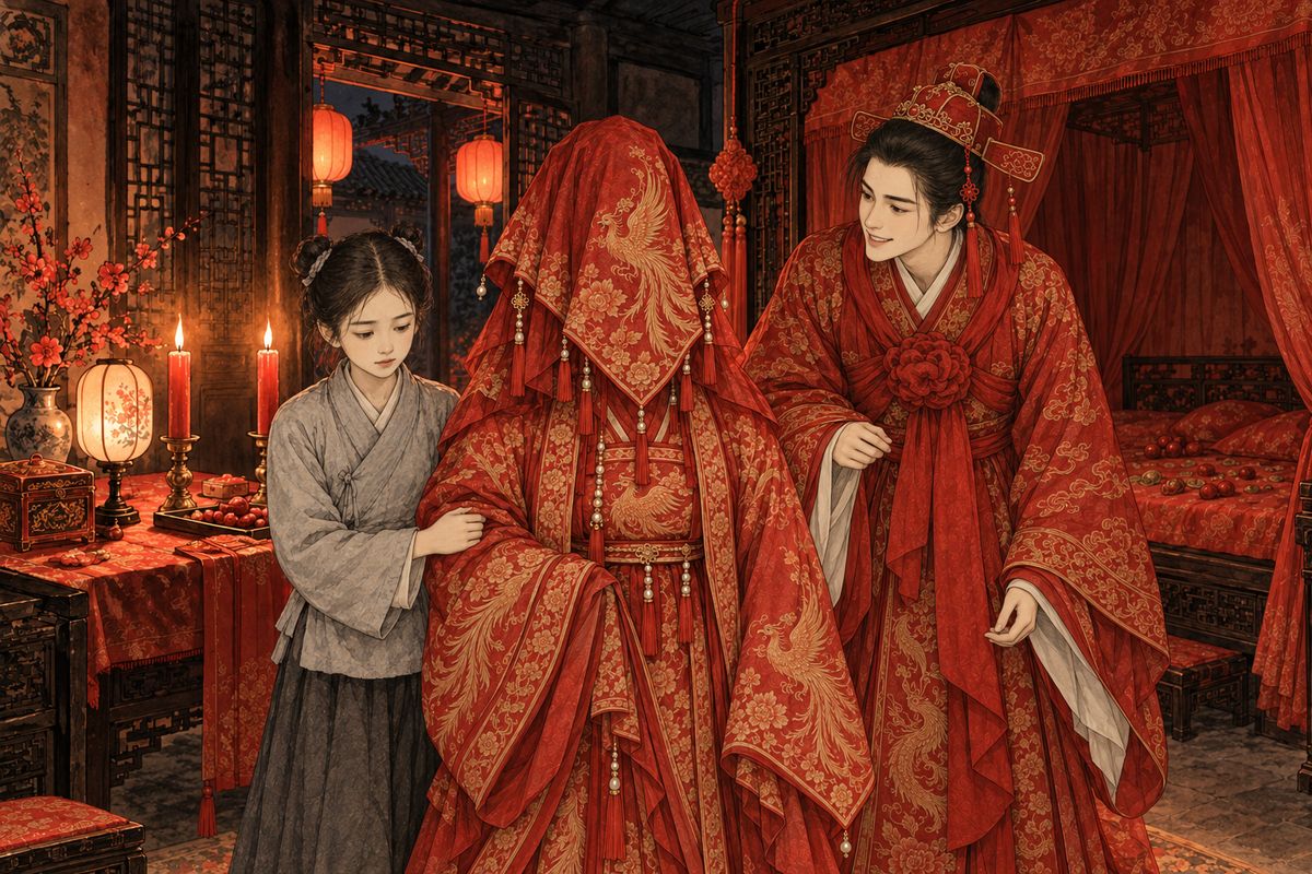 Li Wan came to keep watch over the dying girl. Zijuan refused to leave her, so Ping'er sent Xueyan to the wedding instead. That night the bridal chair arrived with twelve pairs of lanterns. Seeing Daiyu's own maid supporting the veiled bride, Baoyu was overjoyed. He was sure it was his cousin Lin.