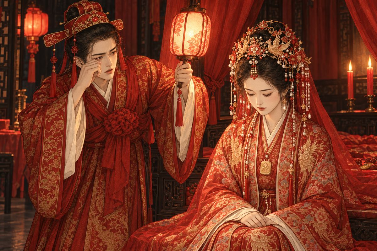 Baoyu could wait no longer and lifted the veil. He raised the lamp and rubbed his eyes. It was Baochai. He stared as if in a dream. "Where is Miss Lin?" he kept asking, and cried for her until they burned calming incense and he sank into sleep. Next morning Jia Zheng left for his post, and Baoyu's illness grew worse.