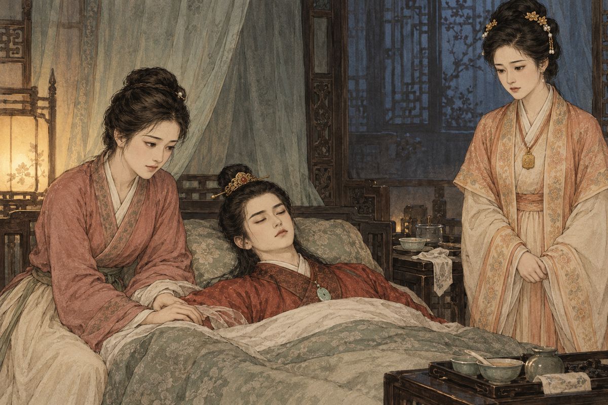 After the wedding, Baoyu sank into a stupor so deep that he scarcely recognized the people around him. He refused food and seemed to have lost his hold on the living world, while Xiren and Baochai kept watch beside his bed.