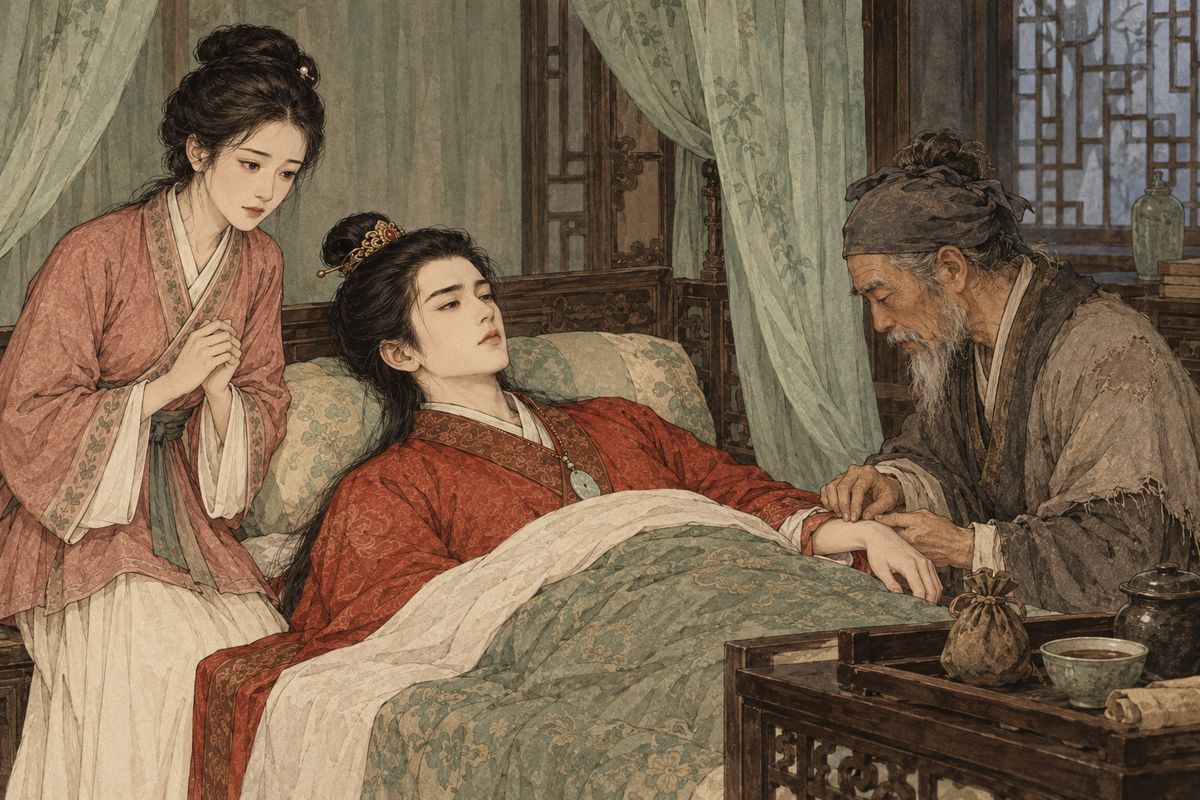 A poor physician named Bi came from a ruined temple beyond the city and managed to bring Baoyu partly back to himself. The family clung to this small improvement, though he remained weak and unable to face the truth about Daiyu.