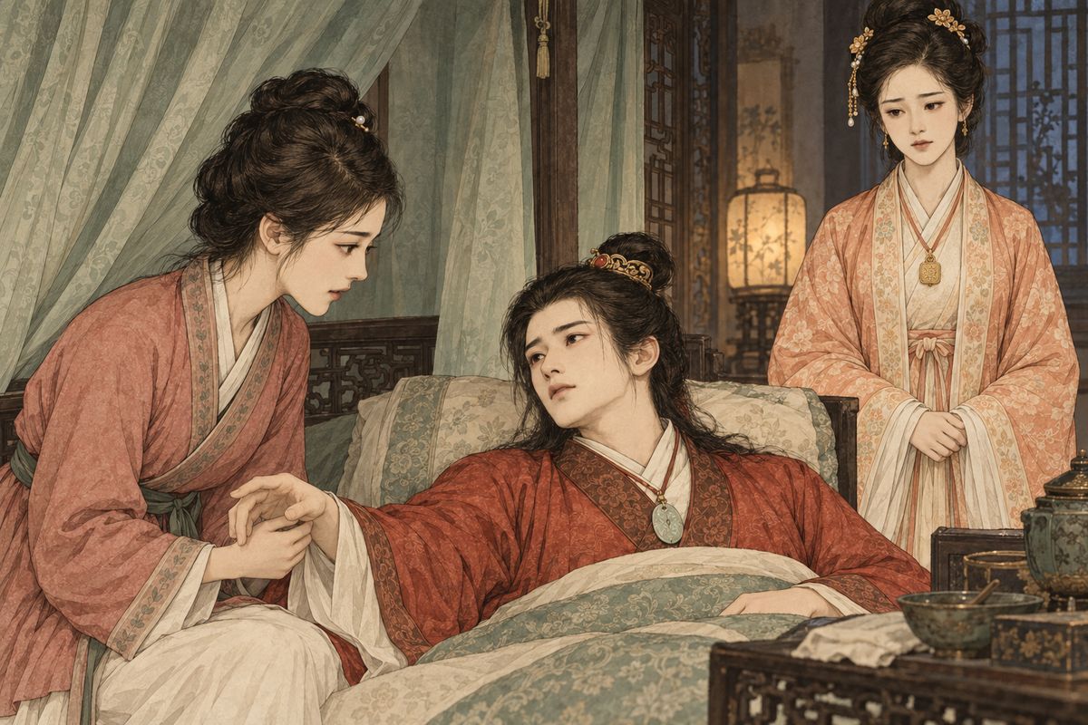 In a brief clear moment, Baoyu begged Xiren to place him and Daiyu in one room, so they could be cared for together and die side by side. Xiren could only listen, while Baochai stood nearby and heard the name he still loved.