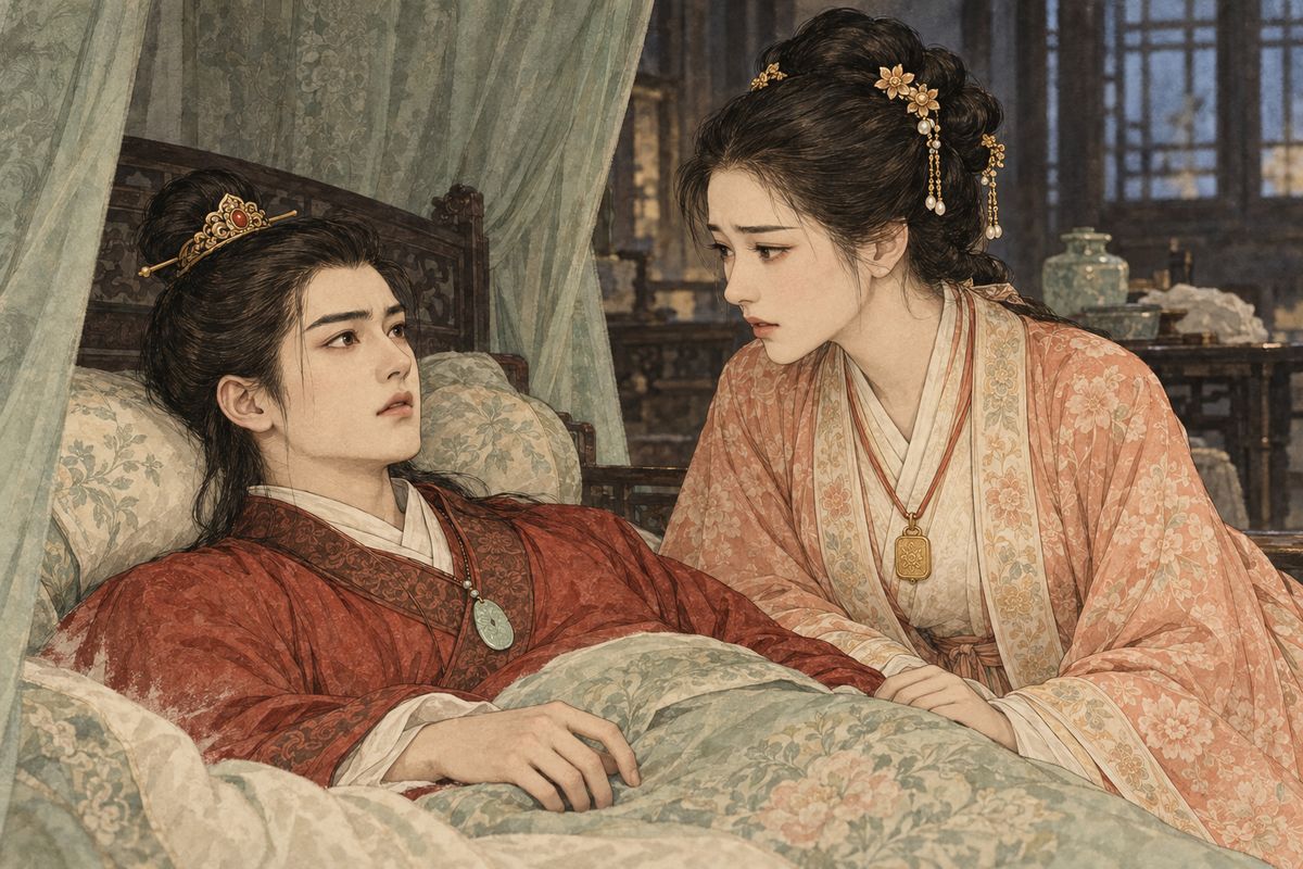 Baochai could not soften the truth: Daiyu was dead. Baoyu stared at her as if the words had no meaning, then his strength failed and he fell back against the pillow. The household rushed in as his brief awakening ended.