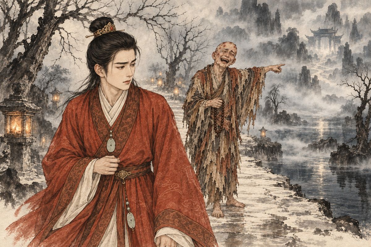 Baoyu dreamed that he had wandered onto a road leading below the human world. A strange monk appeared in the mist and told him that Daiyu had returned to the Land of Illusion, beyond the reach of any mortal search.